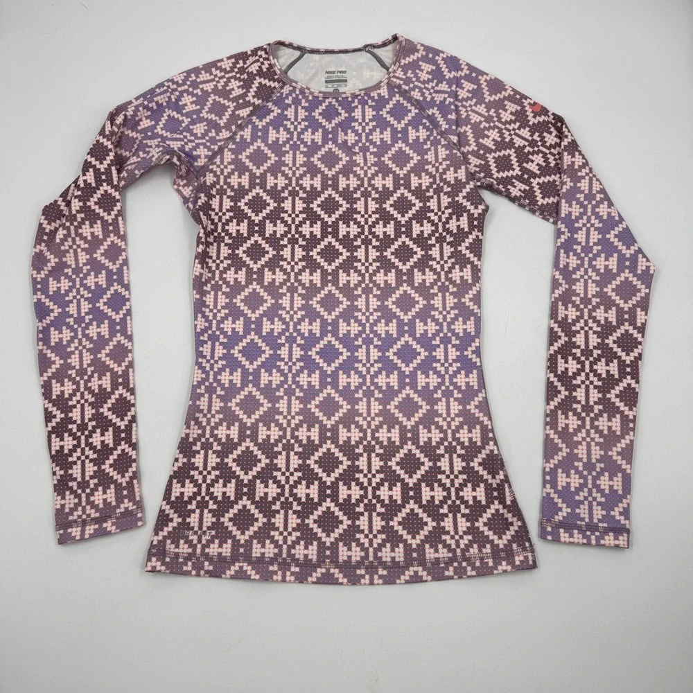 Nike Pro Dri-FIT Top Womens XS Purple Pink Geometric Fair Isle L/S 485692-563